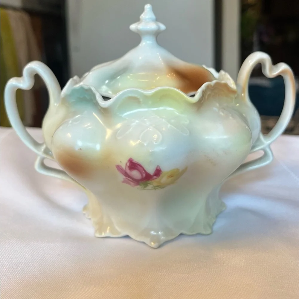 Antique 1920 German Rare Art Nouveau Floral Porcelain Sugar Pot Heart Handles